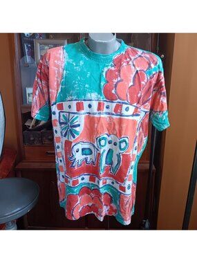 Elephant Hand Painted Large Vintage T-shirt Heather 1OF1 80's USA